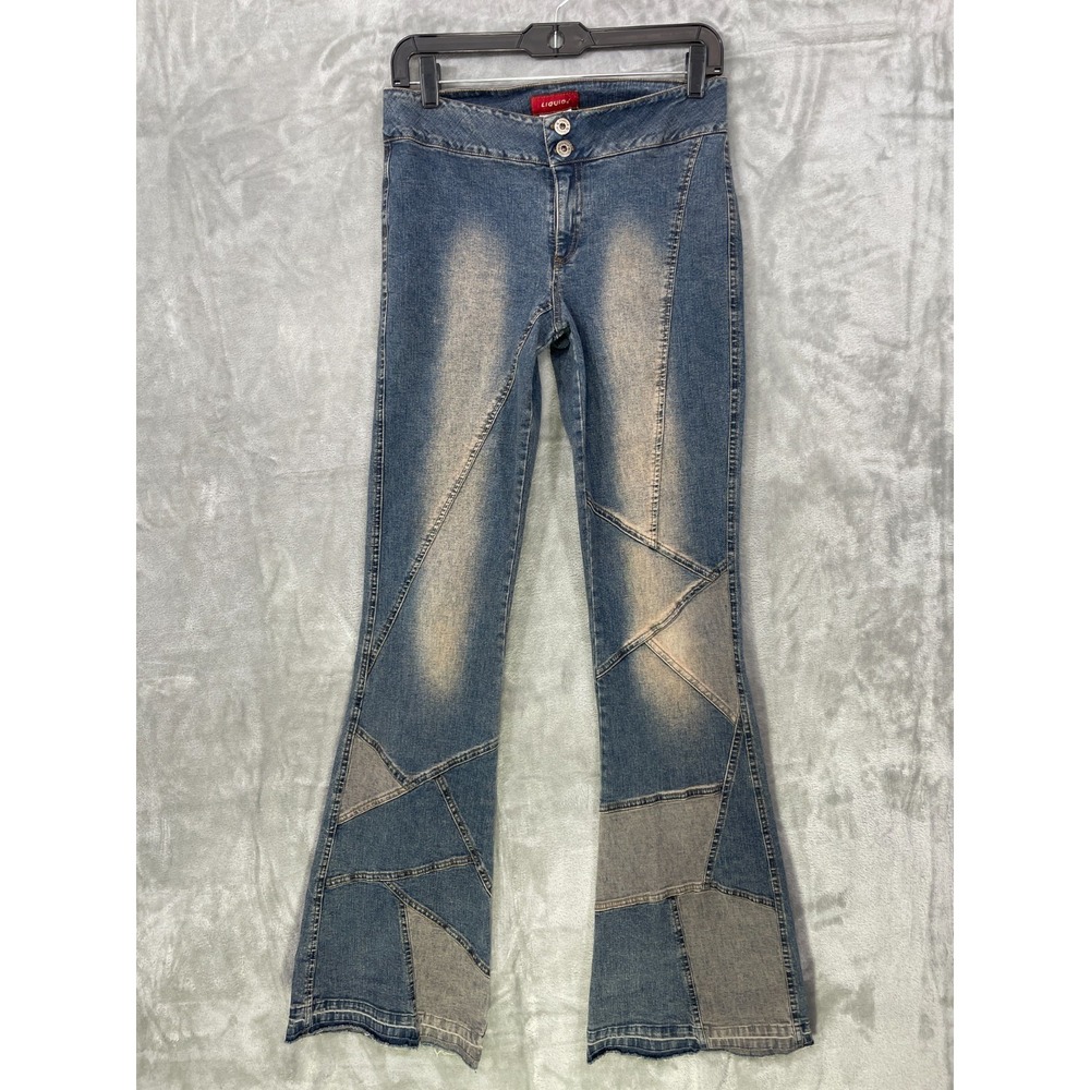 Vintage Liquid X Flare Jeans Sz 9‎ (29)  Patchwork Blue Y2K Boho Hippie Festival
